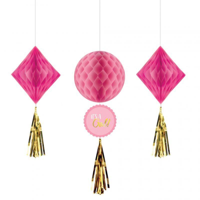 3 Pack Baby Shower Girl Honeycomb Hanging Decorations - The Base Warehouse