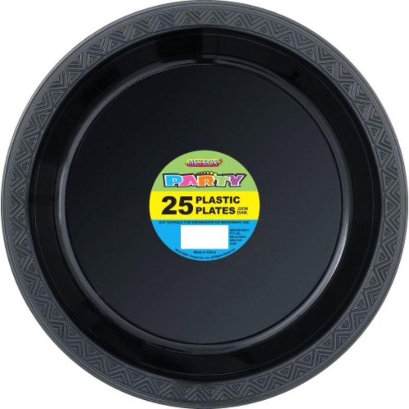 25 Pack Midnight Black Plastic Plates - 23cm - The Base Warehouse