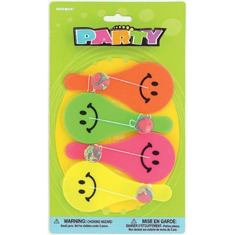 4 Pack Smiley Paddle Balls Favor - The Base Warehouse