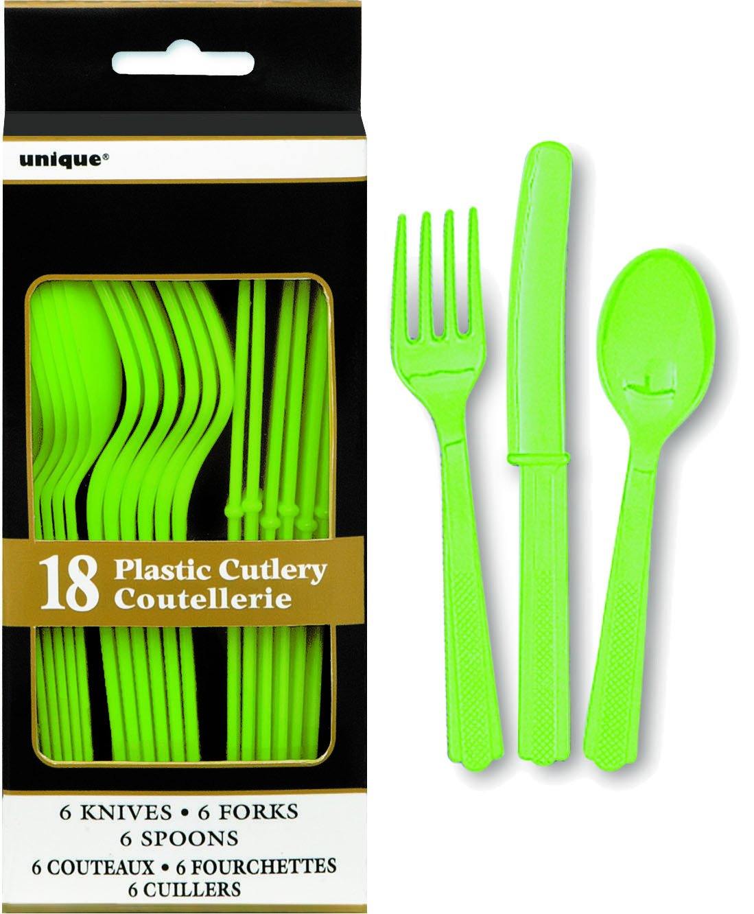 18 Pack Lime Green Assorted Cutlery - 6 Knives 6 Forks 6 Spoons - The Base Warehouse