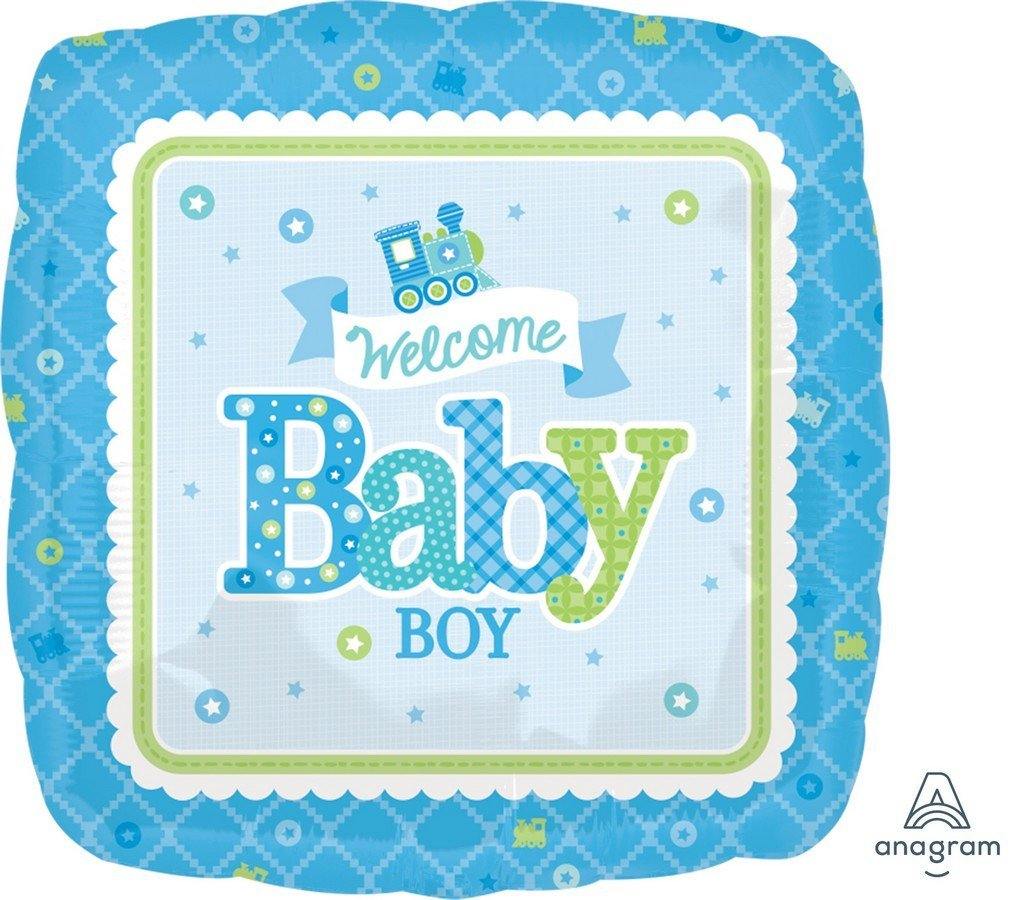 Welcome Baby Boy Train Square Foil Balloon - 45cm - The Base Warehouse