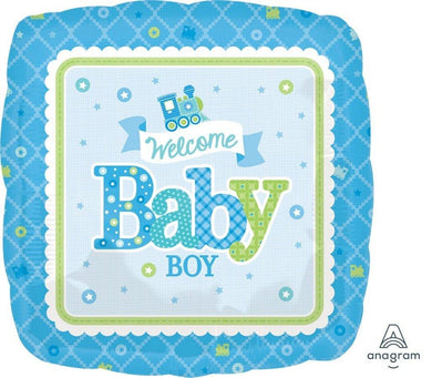 Welcome Baby Boy Train Square Foil Balloon - 45cm - The Base Warehouse