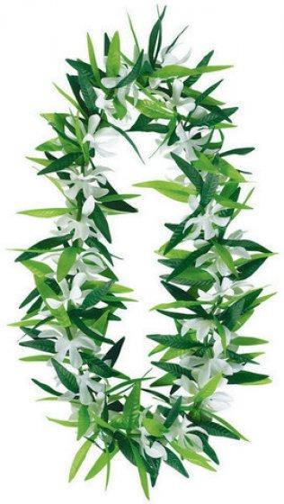 Green Leaf Lei with White Flowers - The Base Warehouse