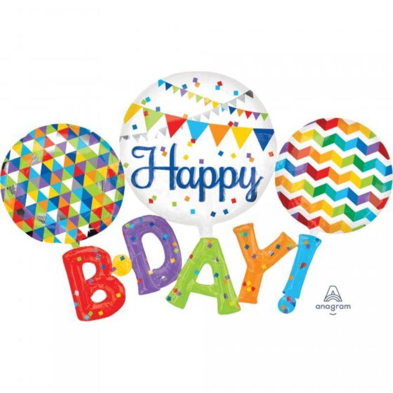 Multi-Balloon Happy Bday Foil Balloon - 142cm x 91cm - The Base Warehouse