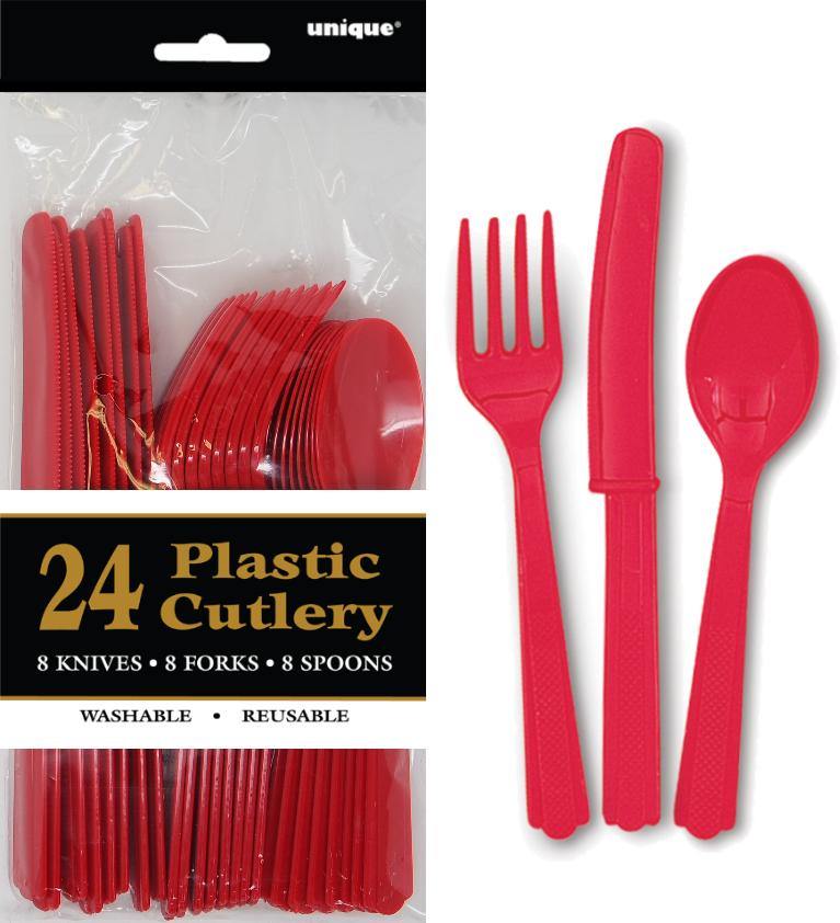 24 Pack Ruby Red Assorted Cutlery - 8 Knives 8 Forks 8 Spoons - The Base Warehouse