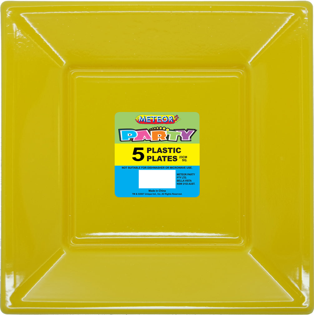 5 Pack Sunflower Yellow Square Plastic Plates - 23cm