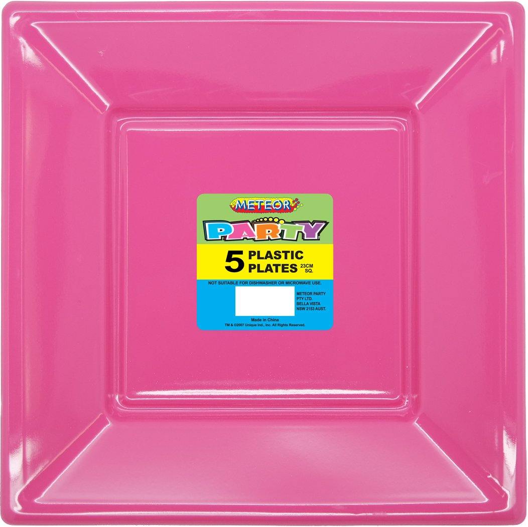 5 Pack Hot Pink Square Plastic Plates - 23cm - The Base Warehouse