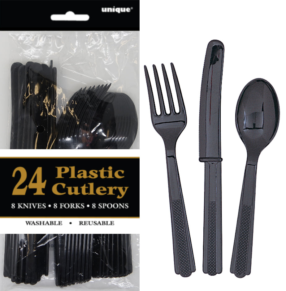 24 Pack Midnight Black Assorted Cutlery - 8 Knives 8 Forks 8 Spoons