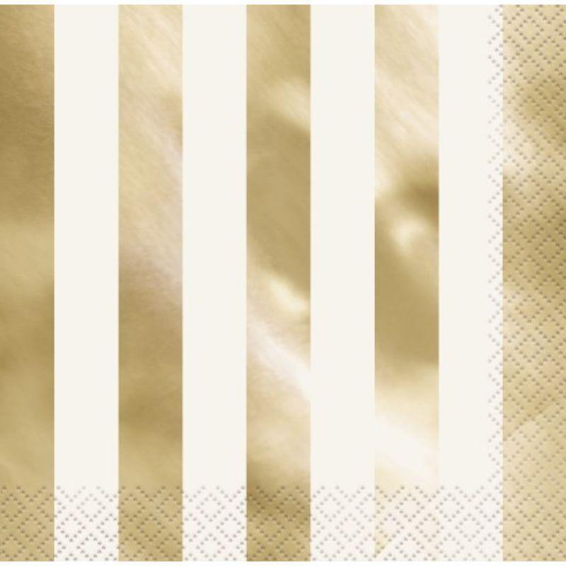 16 Pack Gold Foil Stripes Lunch Napkins - 33cm x 33cm