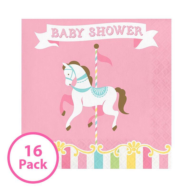16 Pack – Pink Baby Shower Carousel Luncheon Napkins