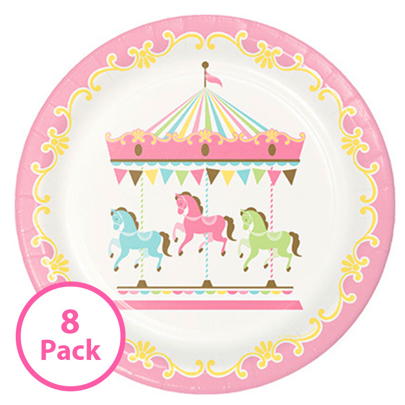 8 Pack – Pink Carousel Large Paper Dessert Plates