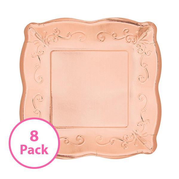 8 Pack Rose Gold Square Embossed Plates - 25cm - The Base Warehouse