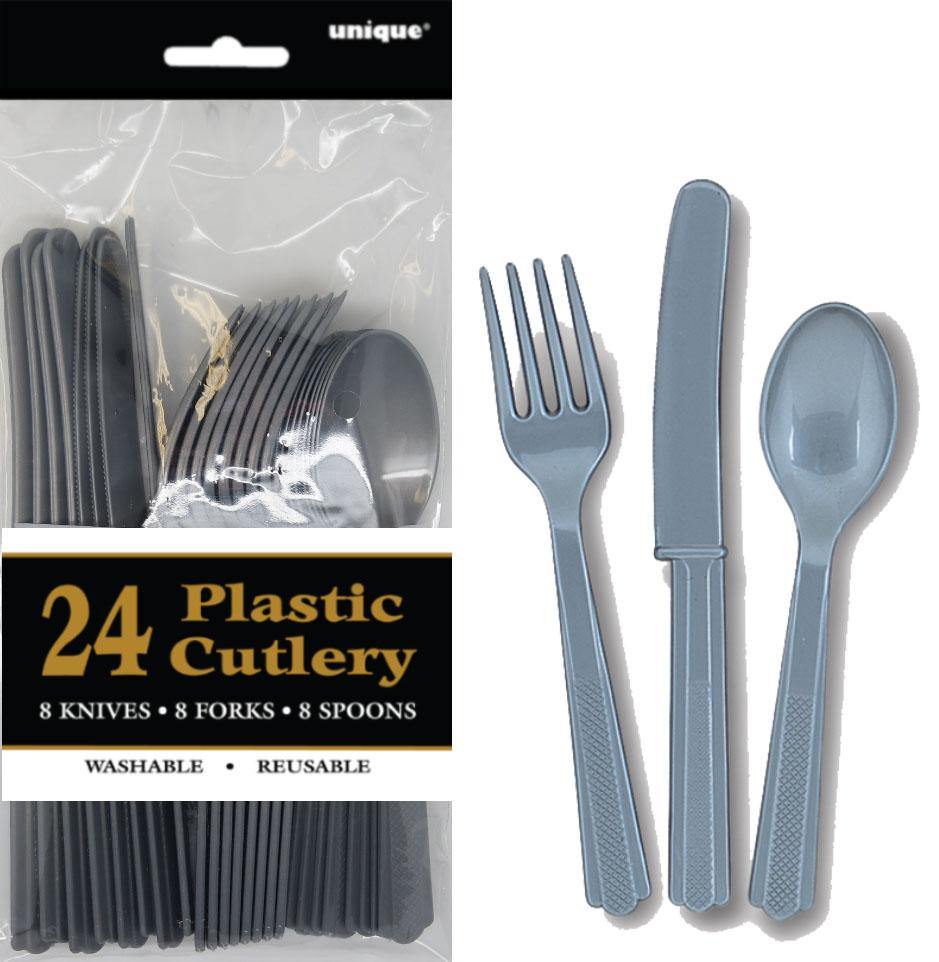 24 Pack Silver Assorted Cutlery - 8 Knives 8 Forks 8 Spoons - The Base Warehouse