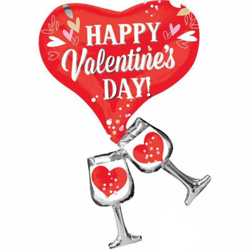 SuperShape Happy Valentines Day Cheers Glasses & Heart Foil Balloon - 53cm x 83cm