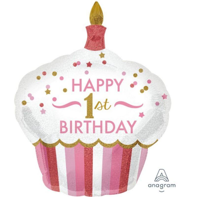 1st Birthday Cupcake Girl Foil Balloon - 73cm x 91cm - The Base Warehouse