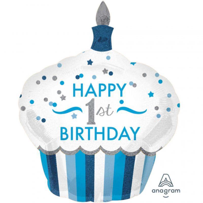 1st Birthday Cupcake Boy Foil Balloon - 73cm x 91cm - The Base Warehouse