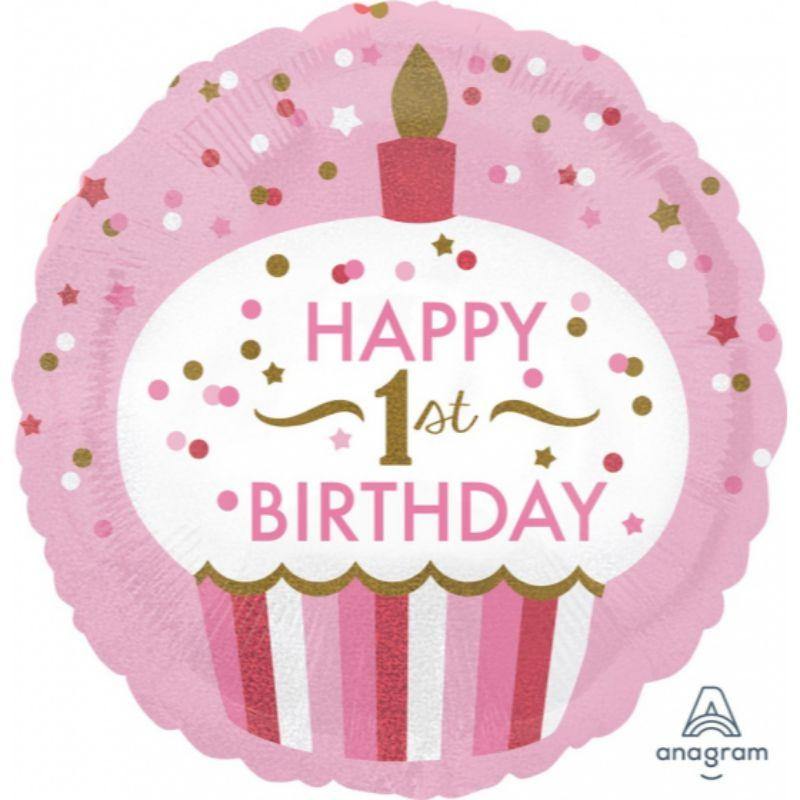 1st Birthday Cupcake Girl Foil Balloon - 45cm - The Base Warehouse