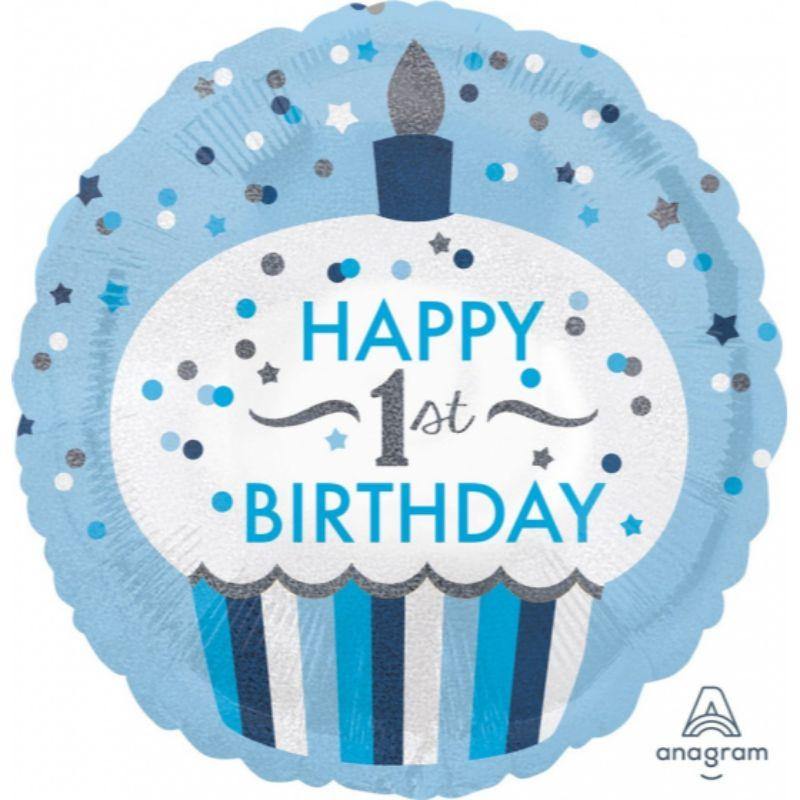 1st Birthday Cupcake Boy Foil Balloon - 45cm - The Base Warehouse