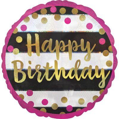Pink & Gold with Black & White Stripes Holographic Happy Birthday Foil Balloon - 45cm - The Base Warehouse