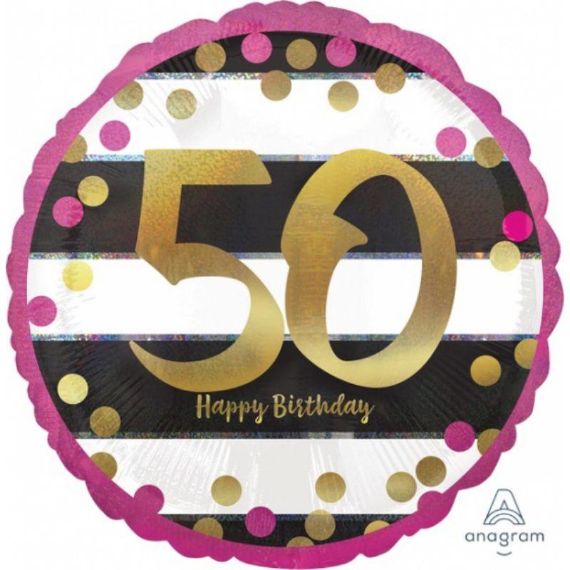 Holographic Pink & Gold Milestone 50 Foil Balloon - 45cm