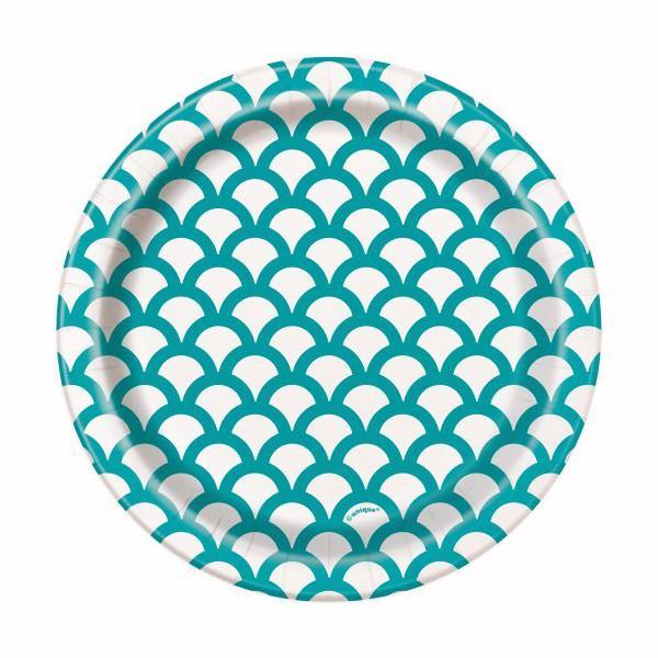 8 Pack Hot Caribbean Teal Scallop Paper Plates - 18cm - The Base Warehouse