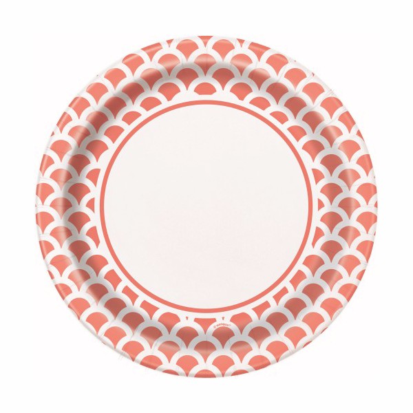 8 Pack Coral Scallop Paper Plates - 23cm
