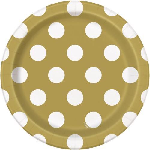 8 Pack Gold Dots Paper Plates - 18cm - The Base Warehouse