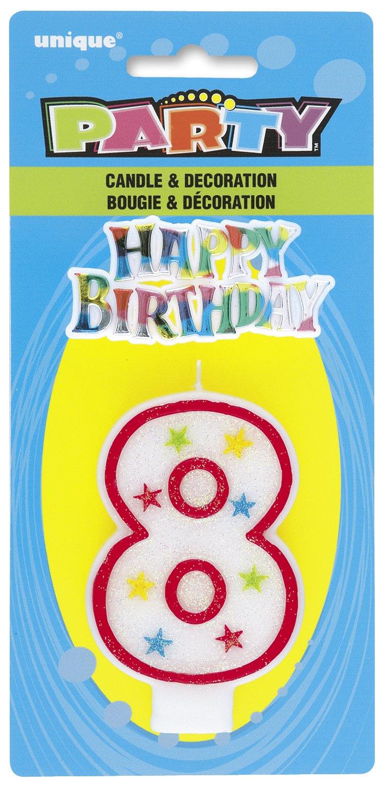 Red Numeral 8 Candle with Happy Birthday Cake Decoration