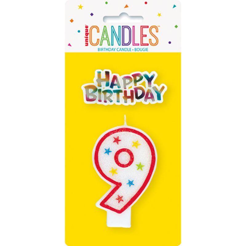 Numeral Candle With Happy Birthday Cake Topper - 9 - The Base Warehouse