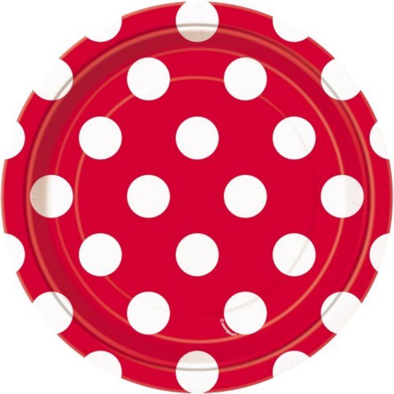 8 Pack Ruby Red Dots Paper Plates - 18cm