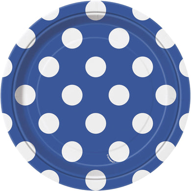 8 Pack Royal Blue Dots Paper Plates - 18cm - The Base Warehouse