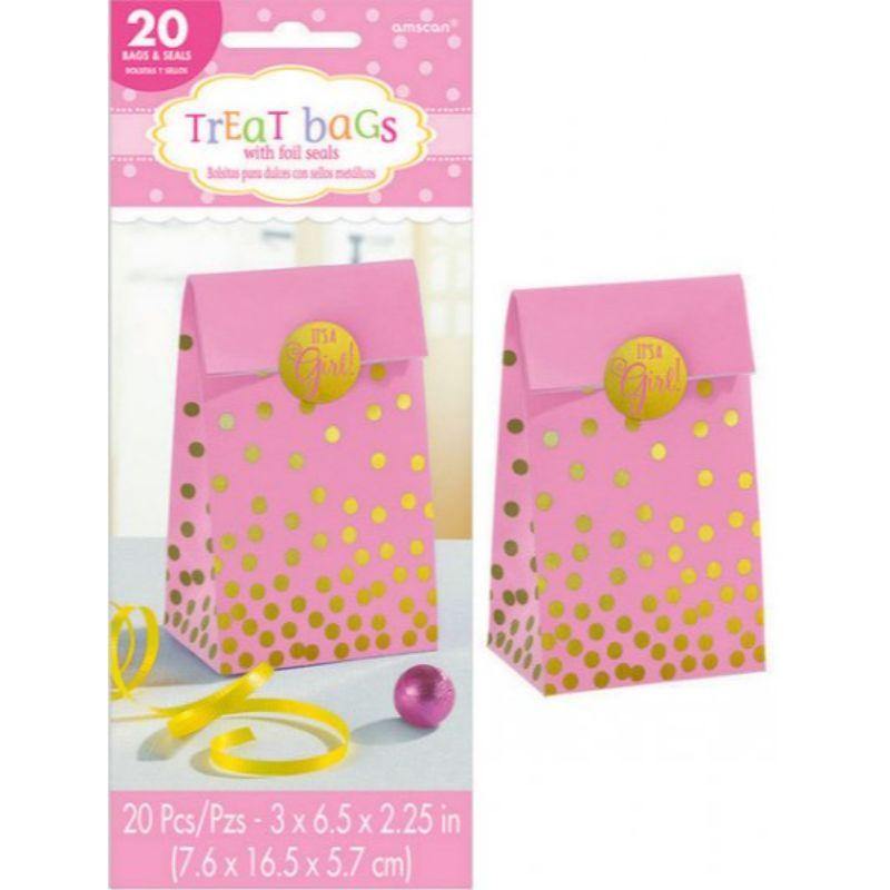 Pink Paper Treat Bags & Its A Girl Stickers - The Base Warehouse