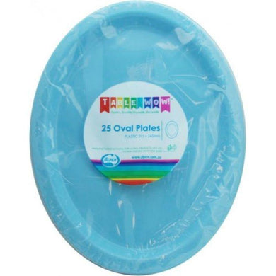 25 Pack Plastic Light Blue Oval Plates - 31.5cm x 24.5cm - The Base Warehouse
