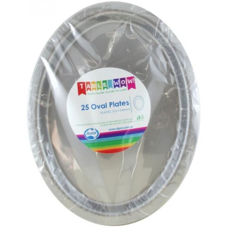 25 Pack Silver Plastic Oval Plates - 31.5cm x 24.5cm