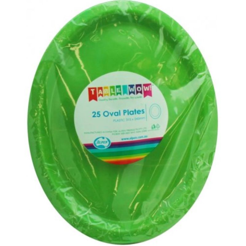 25 Pack Lime Plastic Oval Plates - 31.5cm x 24.5cm