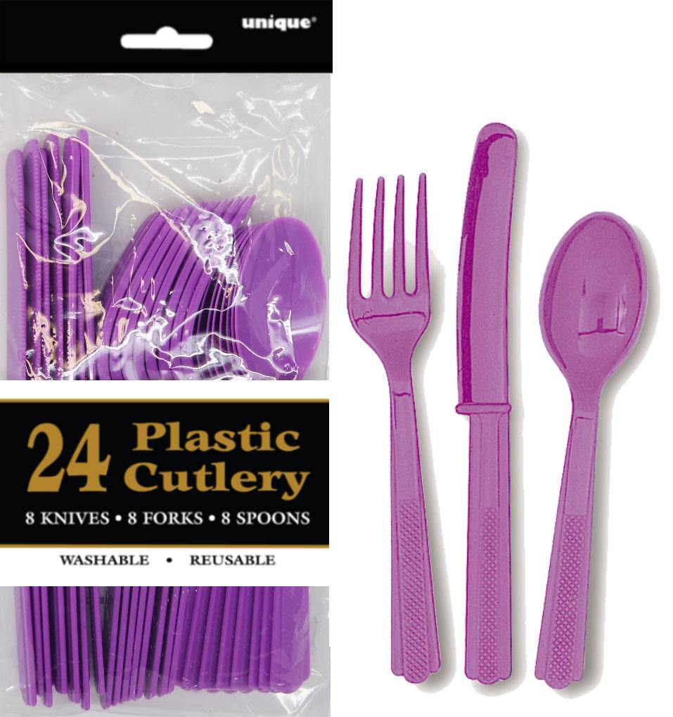 24 Pack Pretty Purple Assorted Cutlery - 8 Knives 8 Forks 8 Spoons
