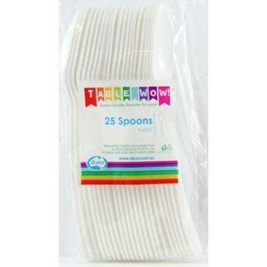 25 Pack White Plastic Spoons - 17cm - The Base Warehouse