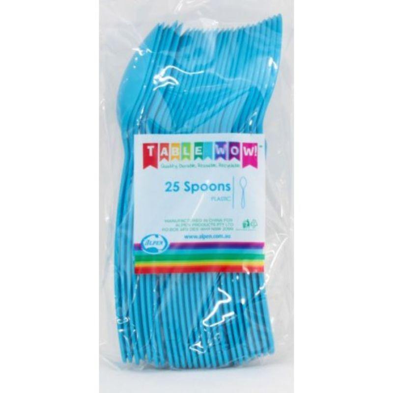 25 Pack Plastic Azure Blue Spoons - 17cm - The Base Warehouse