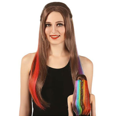 Adults Long Brunette Wig with Rainbow Highlights - The Base Warehouse
