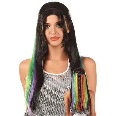 Adults Long Black Wig with Rainbow Highlights - The Base Warehouse