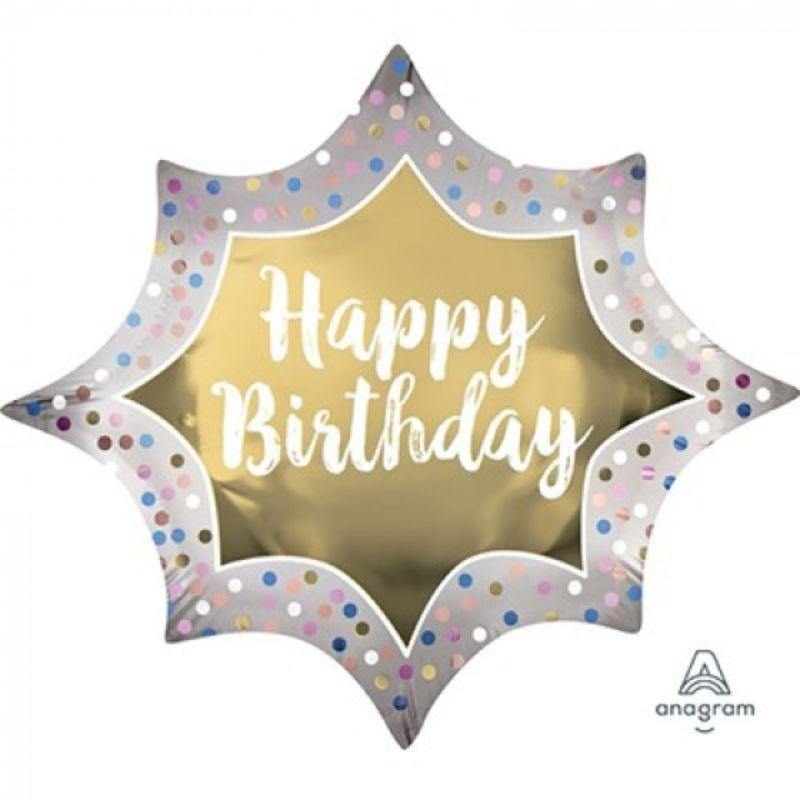 Satin Gold Birthday Burst Foil Balloon - 88cm x 73cm - The Base Warehouse