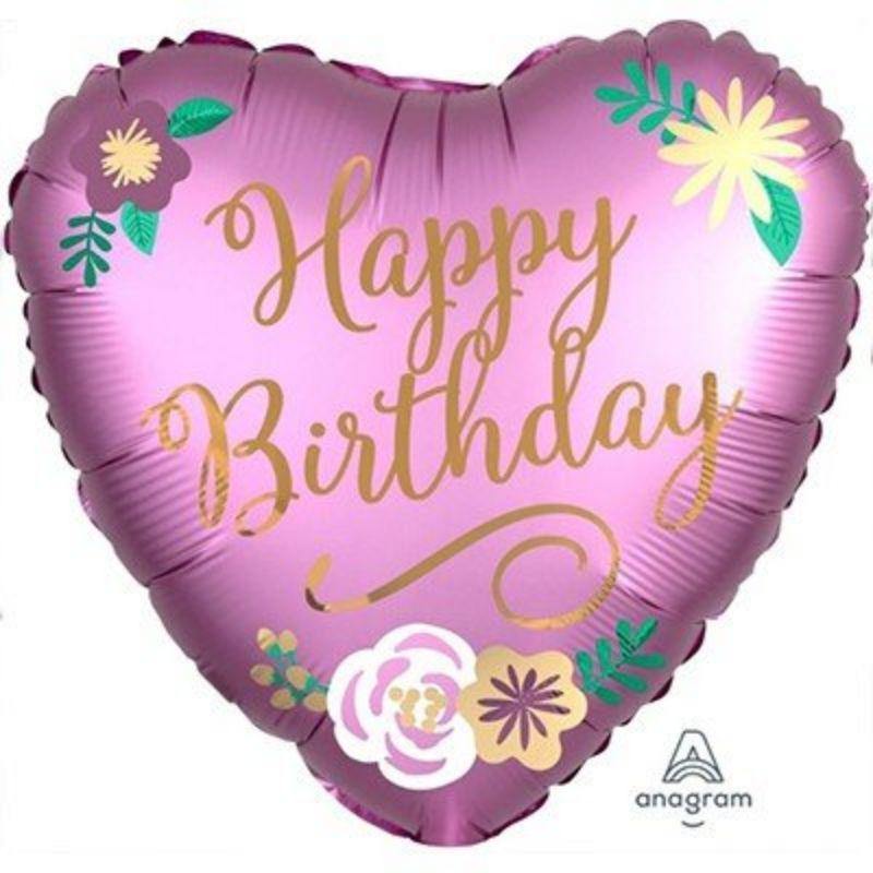 Satin Happy Birthday Flowers Foil Balloon - 45cm - The Base Warehouse