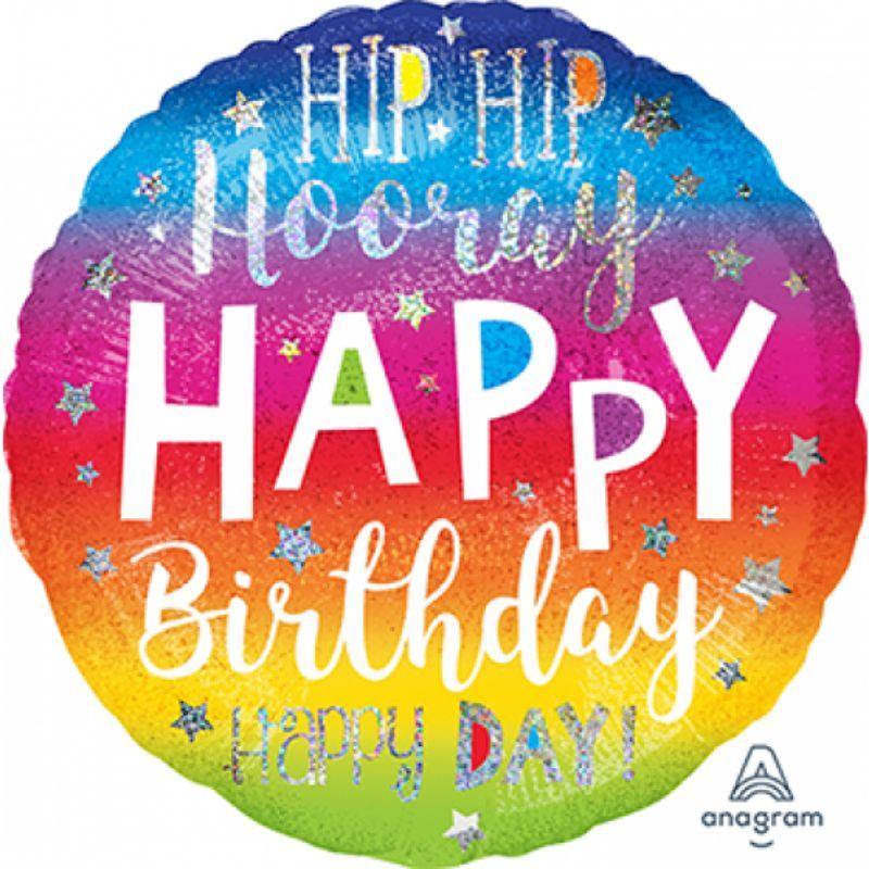 Holographic Hip Hip Hooray Happy Birthday Foil Balloon - 45cm - The Base Warehouse