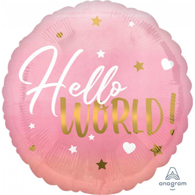 Pink Baby Girl Hello World Foil Balloon - 45cm - The Base Warehouse