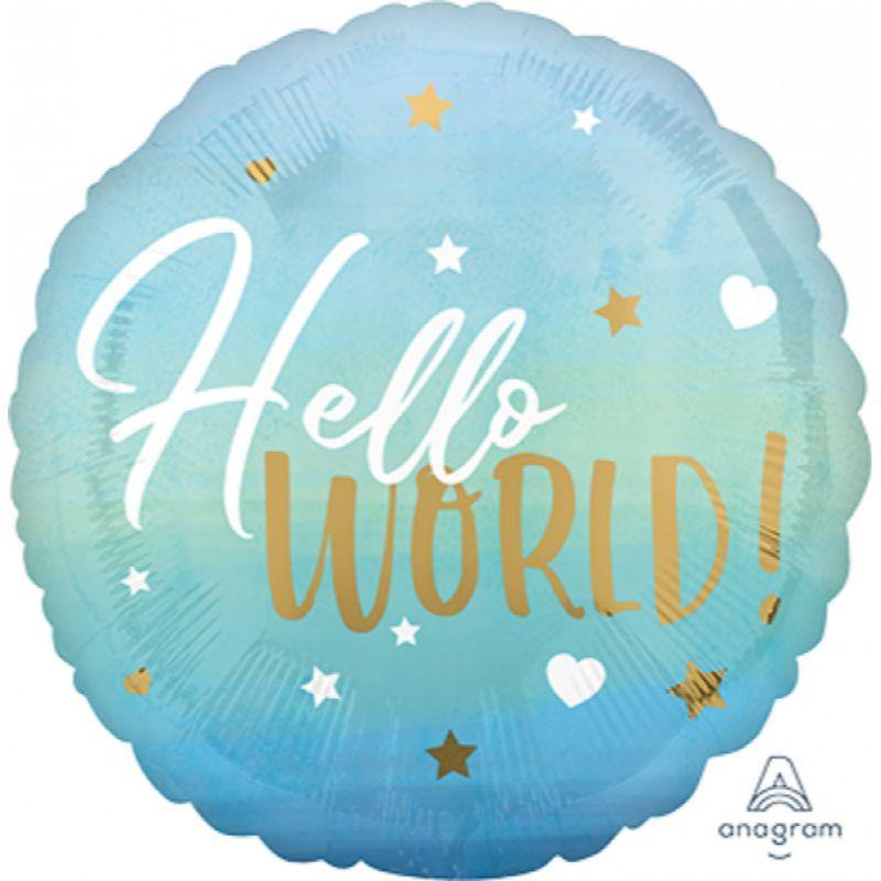 Blue Baby Boy Hello World Foil Balloon - 45cm - The Base Warehouse