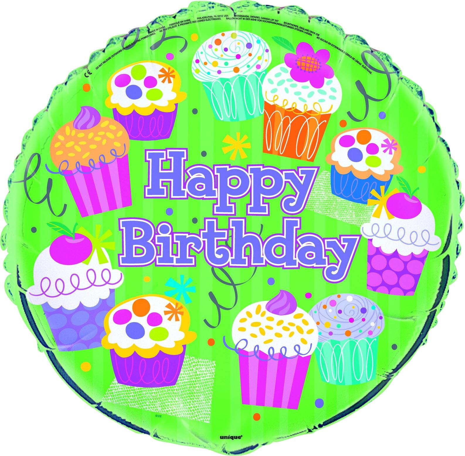 Green Happy Birthday Cupcake Round Foil Balloon - 45cm - The Base Warehouse