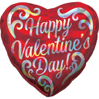 Happy Valentines Day Red Heart Swirls Holographic Foil Balloon - The Base Warehouse