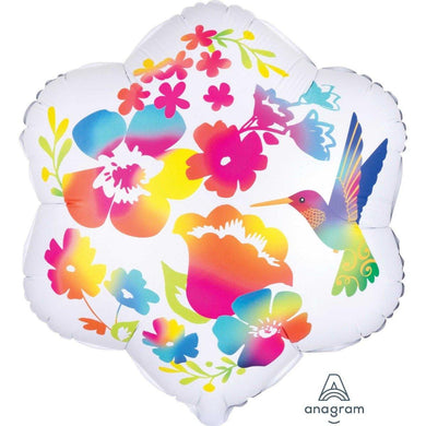 SuperShape Satin Indused Watercolour Flowers & Hummingbird Foil Balloon - 45cm - The Base Warehouse