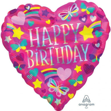 Holographic Iridescent Happy Birthday Rainbow Hearts Foil Balloon - 45cm - The Base Warehouse
