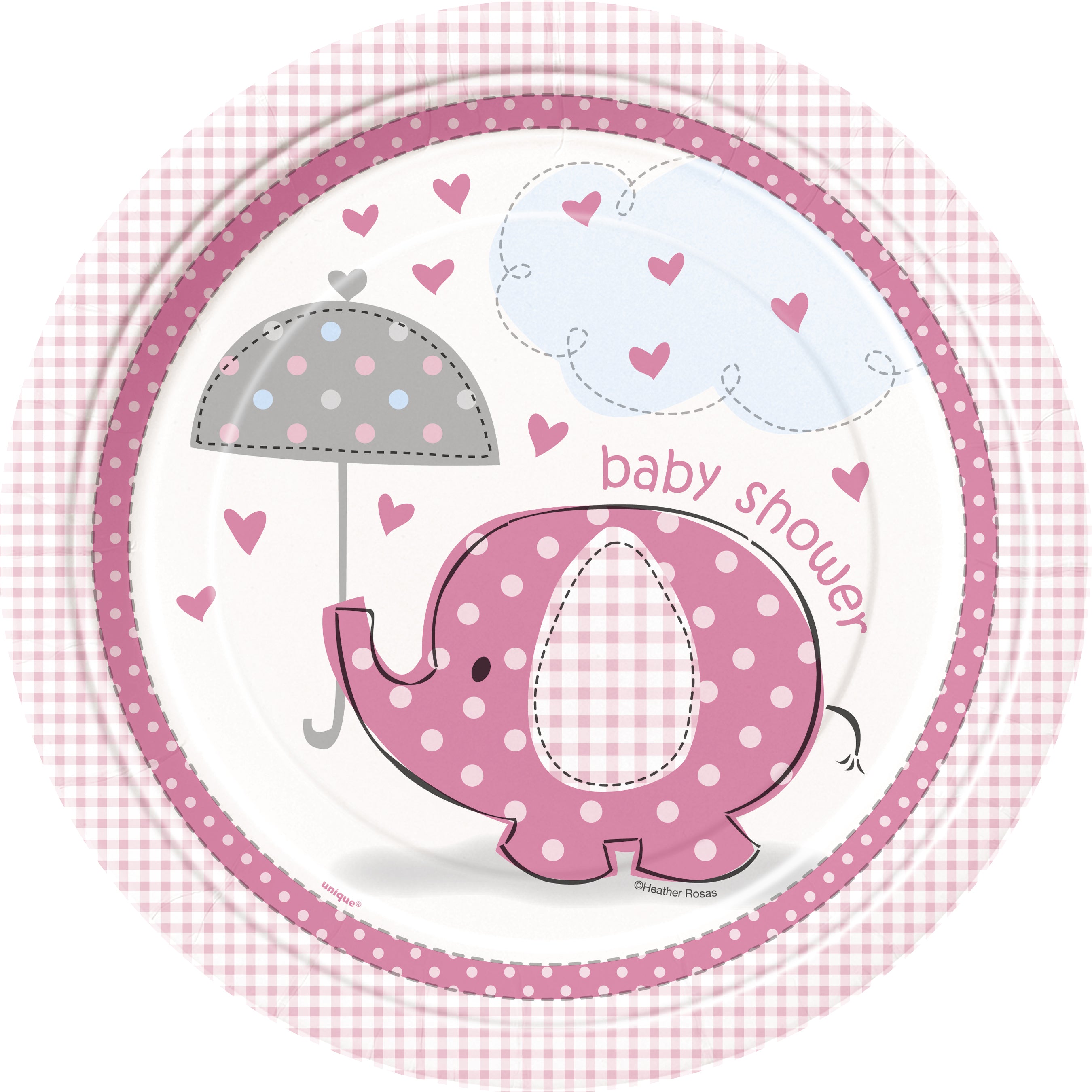 8 Pack Pink Umbrellaphants Baby Shower Paper Plates - 23cm